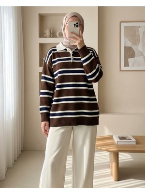 Modamorfo Polo Yaka Yarım Düğmeli Renkli Çizgili Triko Kazak -Kahve
