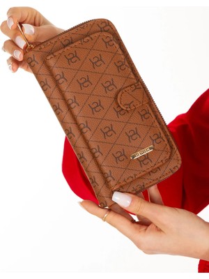 Newish Kadın Deri Desenli Telefon Kağıt Para Bölmeli Kartlık ve Cüzdan NEW213 - Taba