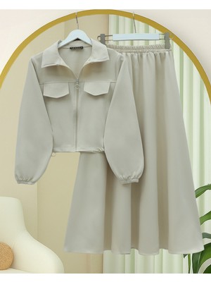 Modamorfo Önü Fermuarlı Beli ve Kolu Lastikli Cep Detaylı Dabıl Ikili Takım -Bej