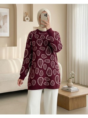 Modamorfo Dik Yaka Damla Desenli Sakallı Salaş Triko Kazak  -Pembe