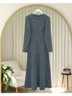 Modamorfo Bisiklet Yaka Beli Oturtmalı Yumoş Triko Elbise -Füme