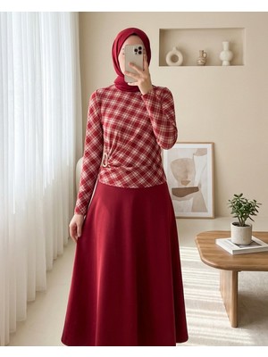 Modamorfo Yanı Tokalı Ekose Desenli Bluz -Bordo