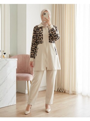Modamorfo Gömlek Yaka Boydan Fermuarlı Pantolonlu Takım   -Bej
