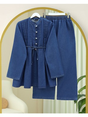 Modamorfo Yarım Düğmeli Önü Pliseli Beli Bağlamalı Pantolonlu Kot Takım  -Indigo