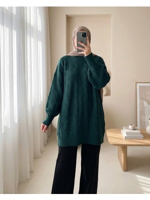 Modamorfo Saç Örgü Desen Yumoş Triko Kazak  -Zümrüt