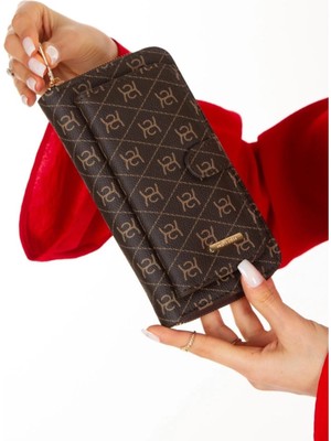 Newish Kadın Deri Desenli Telefon Kağıt Para Bölmeli Kartlık ve Cüzdan NEW213 -Kahverengi