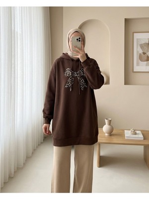 Modamorfo Fiyonk Detaylı Kapşonlu Penye Sweat  -Kahve