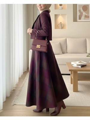 Modamorfo Ekose Desenli Yanı Fermuarlı  Kaşe Çan Etek  -Mürdüm