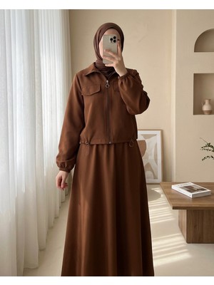 Modamorfo Önü Fermuarlı Beli Ve Kolu Lastikli Cep Detaylı Dabıl İkili Takım -Taba