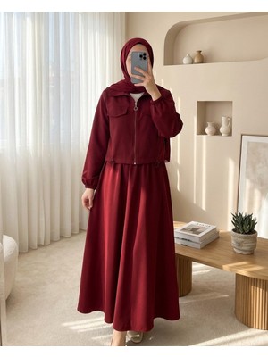 Modamorfo Önü Fermuarlı Beli Ve Kolu Lastikli Cep Detaylı Dabıl İkili Takım -Bordo