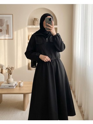 Modamorfo Önü Fermuarlı Beli Ve Kolu Lastikli Cep Detaylı Dabıl İkili Takım -Siyah