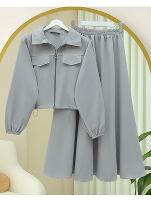 Modamorfo Önü Fermuarlı Beli Ve Kolu Lastikli Cep Detaylı Dabıl İkili Takım -Gri