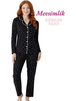 Guava Kadın Siyah Kalp Desenli Slim Fit Gömlek Yaka Önden Düğmeli Dar Kalıp Mevsimlik Uzun Kol Pijama Takımı