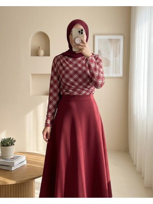 Moda Morfo Yanı Büzgülü Ekose Desenli Bluz -Bordo