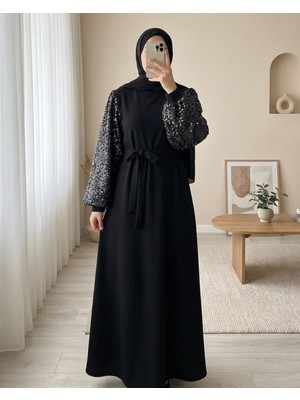 Modamorfo Kolları Pullu Kemerli Ithal Likralı Krep Elbise  -Siyah