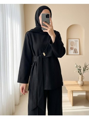 Modamorfo Tokalı Çapraz Bağlamalı Yırtmaçlı Pantolonlu İkili Scuba Takım -Siyah