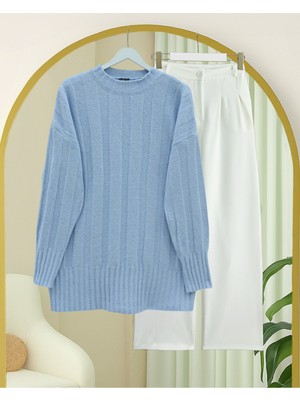 Modamorfo Yarım Boğazlı Şerit Desenli Yumoş Triko Kazak -Bebe Mavi