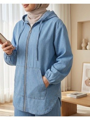 Modamorfo Kapşonlu Önü Fermuarlı Kolu Lastikli Cepli Kot Takım -Açık Mavi