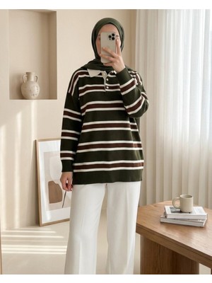 Modamorfo Polo Yaka Yarım Düğmeli Renkli Çizgili Triko Kazak -Haki