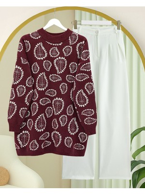 Modamorfo Dik Yaka Damla Desenli Sakallı Salaş Triko Kazak  -Taş