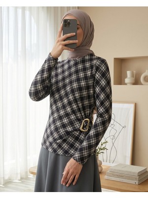 Modamorfo Yanı Tokalı Ekose Desenli Bluz -Siyah