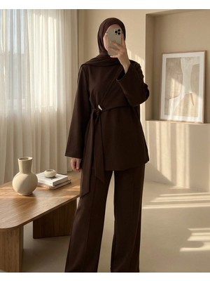 Modamorfo Tokalı Çapraz Bağlamalı Yırtmaçlı Pantolonlu Ikili Scuba Takım -Kahve