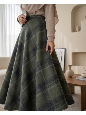 Modamorfo Ekose Desenli Yanı Fermuarlı  Kaşe Çan Etek -Haki