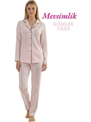 Guava Kadın Slim Fit Gömlek Yaka Önden Düğmeli Dar Kalıp Mevsimlik Uzun Kollu Pijama Takımı