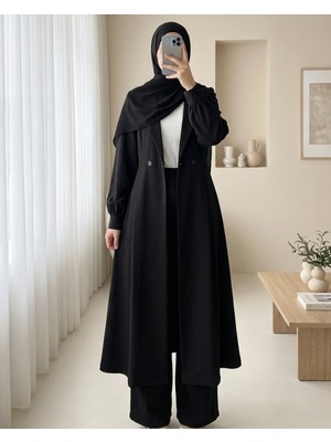 Modamorfo Çİft Düğmeli Cepli Beli Lastikli Pantolonlu İkili Krep Takım -Siyah