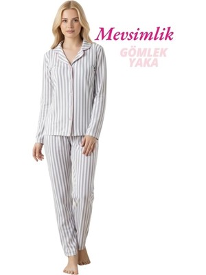 Guava Kadın Slim Fit Gömlek Yaka Önden Düğmeli Dar Kalıp Mevsimlik Uzun Kollu Pijama Takımı