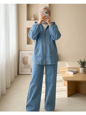 Modamorfo Kapşonlu Önü Fermuarlı Kolu Lastikli Cepli Kot Takım -Açık Mavi