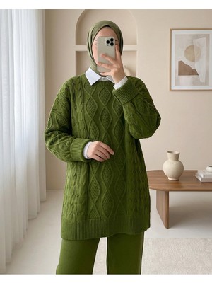 Moda Morfo Petek Desen Kışlık Salaş Triko Kazak            -F.Yeşili