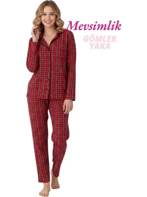 Guava Kadın Kırmızı Ekose Desenli Slim Fit Gömlek Yaka Önden Düğmeli Dar Kalıp Mevsimlik Uzun Kol Pijama Takımı