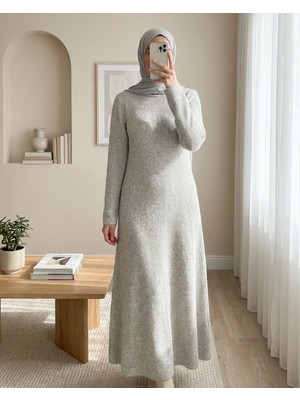 Modamorfo Bisiklet Yaka Beli Oturtmalı Yumoş Triko Elbise -Bej