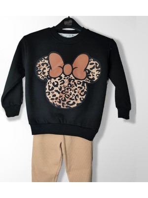 Moda Rüyası Mickey Mouse Leopar Desenli Siyah Kız Çocuk Alt Üst Takım – 4-8 Yaş
