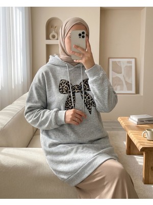 Modamorfo Fiyonk Detaylı Kapşonlu Penye Sweat  -Açık Gri