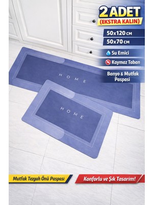 Manosta 2 Adet Mavi Renk Su Emici Kaymaz Taban Banyo & Mutfak Paspası Seti Mutfak  Paspas 50X120 cm 50X70CM