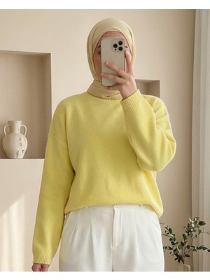 Modamorfo Yuvarlak Yaka Salaş Triko Kazak   -Sarı