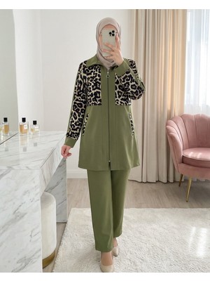 Modamorfo Gömlek Yaka Boydan Fermuarlı Pantolonlu Takım   -Haki
