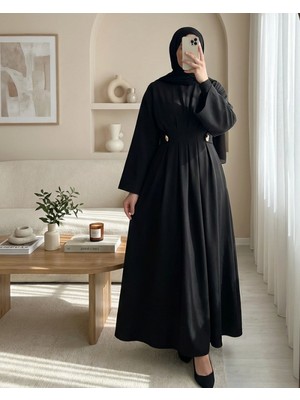 Modamorfo Pileli Beli Kemerli Toka Detaylı Modal Elbise -Siyah