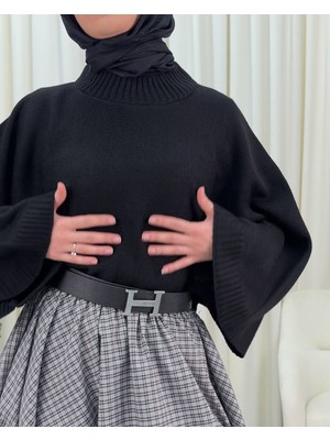 Modamorfo Yarım Boğaz Krop Triko Kazak -Siyah