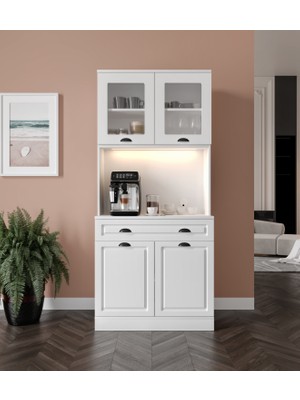 Guneystore Luna 2 Kapaklı Kahve Köşesi – 93 cm Mdf, LED Aydınlatmalı, Çok Amaçlı Mutfak ve Airfryer Dolabı