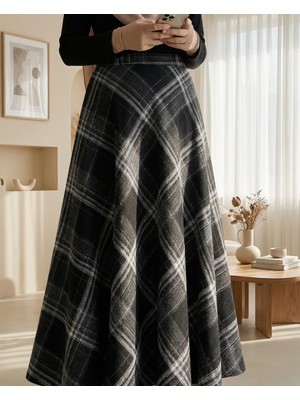 Modamorfo Ekose Desenli Yanı Fermuarlı  Kaşe Çan Etek -Siyah