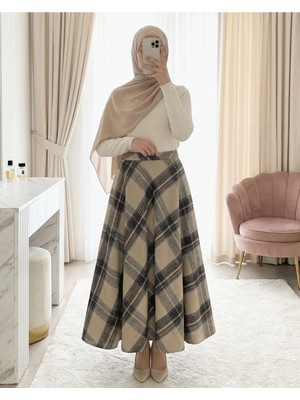 Moda Morfo Ekose Desenli Yanı Fermuarlı  Kaşe Çan Etek -Vizon