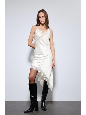 Antioch Ekru Asimetrik Dantel Elbise