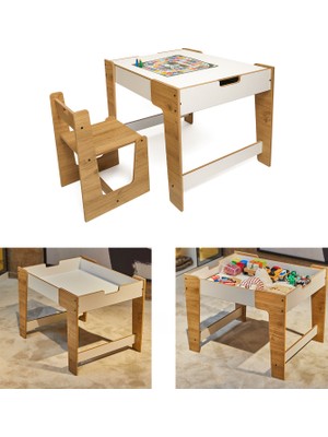 Minera Anka Montessori Ahşap Oyun ve Aktivite Masası ve Sandalyesi 0-6 Yaş (1masa+1sandalye)