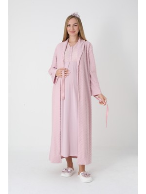 Erdeniz Tekstil Hamile & Lohusa Jakarlı/şık Fiyonk Detaylı 2’li Gecelik ve Sabahlık Takım – Viskoz Pamuk-Tesettür Uyumlu