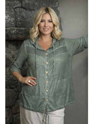 Agora Otantik Kadın Yıkama Pamuk Kumaş Uzun Kol File Detaylı Kapüşonlu Gömlek