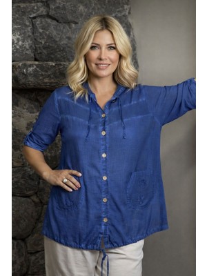 Agora Otantik Kadın Yıkama Pamuk Kumaş Uzun Kol File Detaylı Kapüşonlu Gömlek