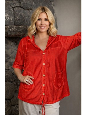 Agora Otantik Kadın Yıkama Pamuk Kumaş Uzun Kol File Detaylı Kapüşonlu Gömlek